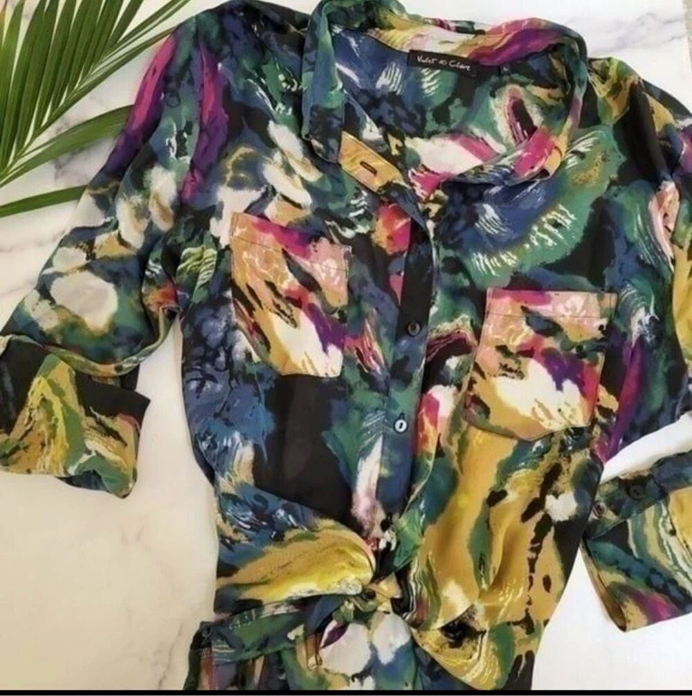 Violet & Claire womens floral tropical 90's style button up blouse large exotic